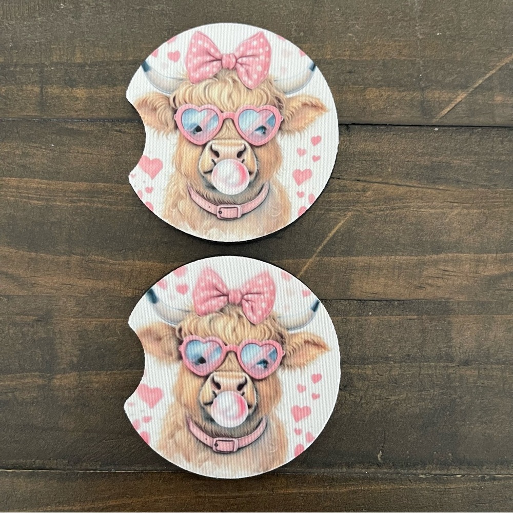 Cute Highland Cow Car Coasters with Bubble Gum & Hair Bow-Set of 2